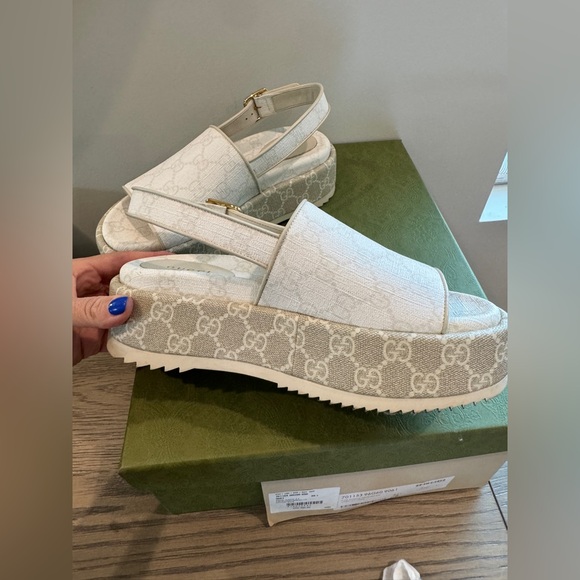 Gucci Shoes - Gucci- Women's Angelina Platform Slingback Sandals GG Coated Canvas